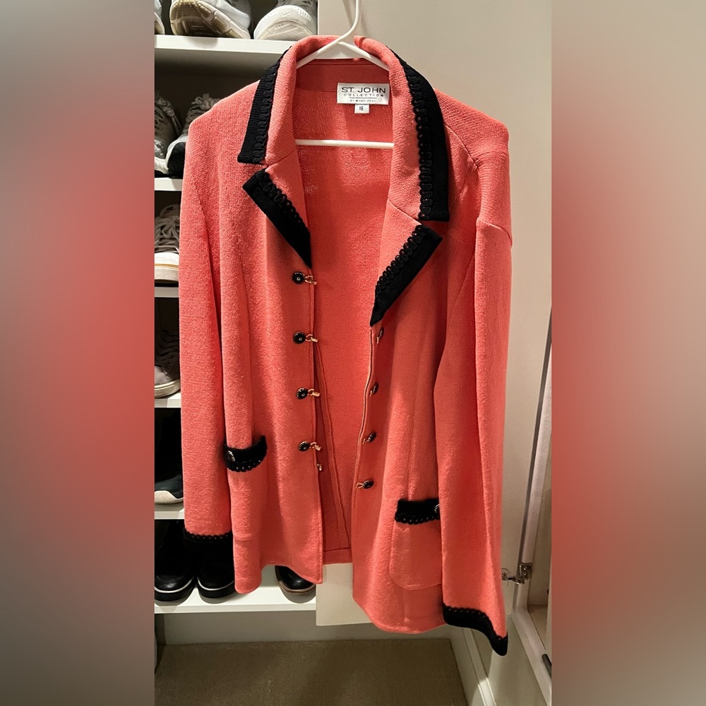 St. John Coral Pink Knit Blazer with Black Trim